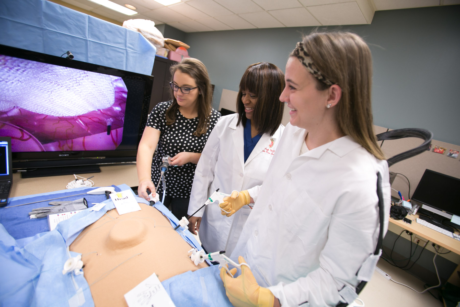 Carla Pugh works with motion tracking technology and a ventral hernia simulator in her lab at the University of Wisconsin.