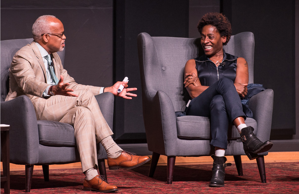 Jacqueline Woodson speaking with Harry J. Elam, Jr. on stage