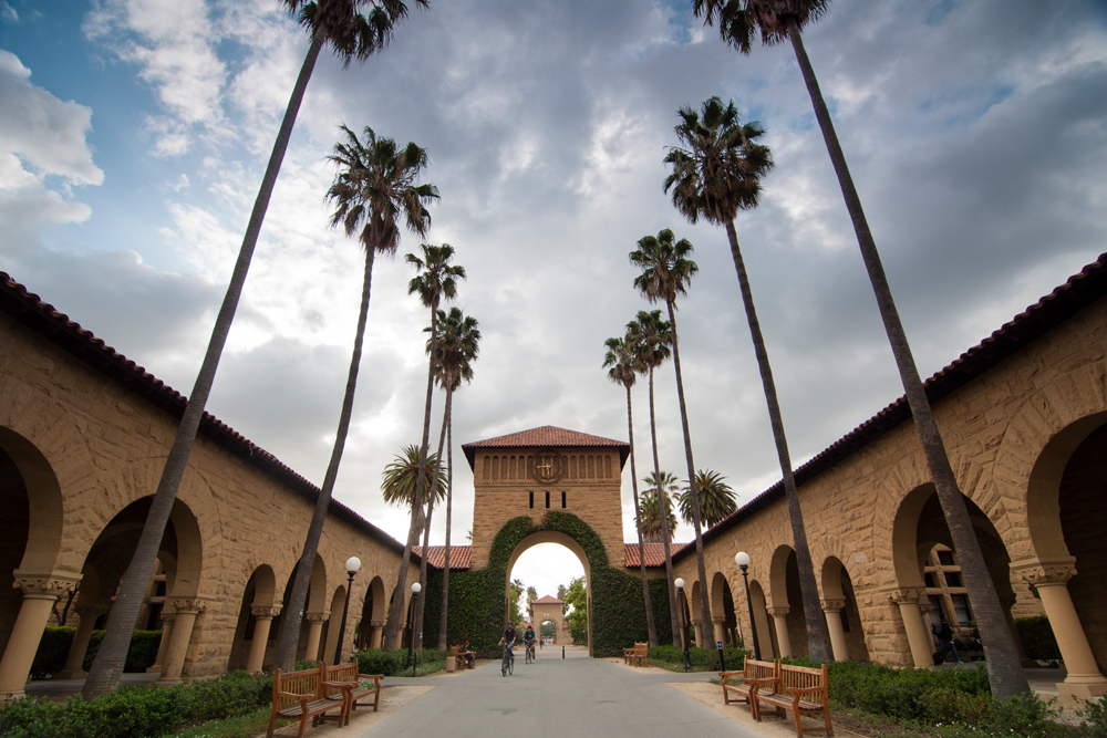 Photo of outdoor walkway into Stanford University's Main Quad.