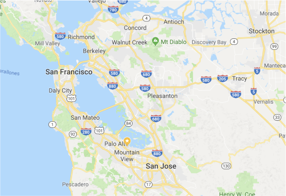 Screenshot of Google Maps showing the Bay Area with a marker on Stanford University