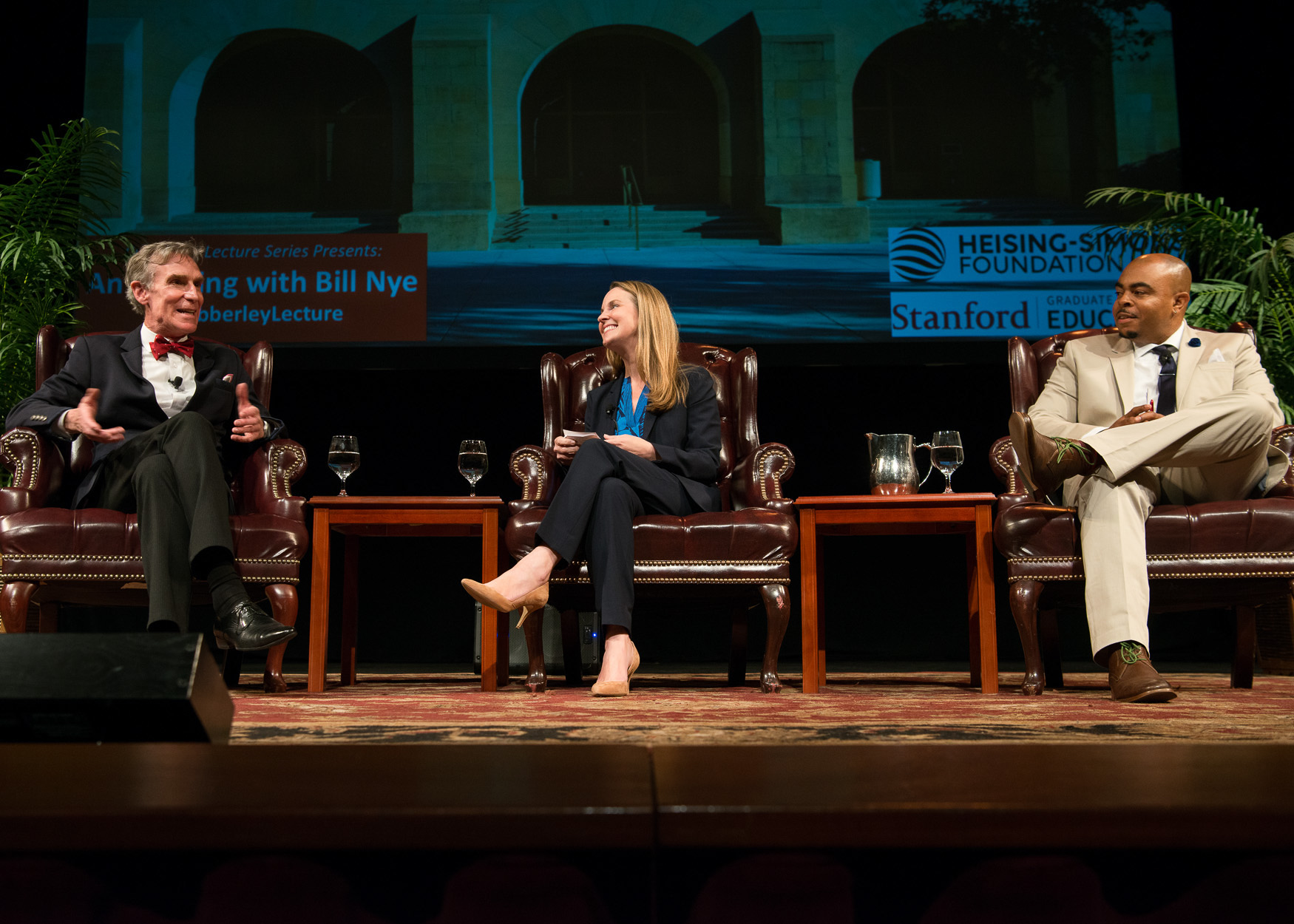 Bill Nye, Nicole Ardoin and Bryan Brown discuss science and environmental education at the Cubberley Lecture at Stanford on May 5. (Photo: Steve Castillo)