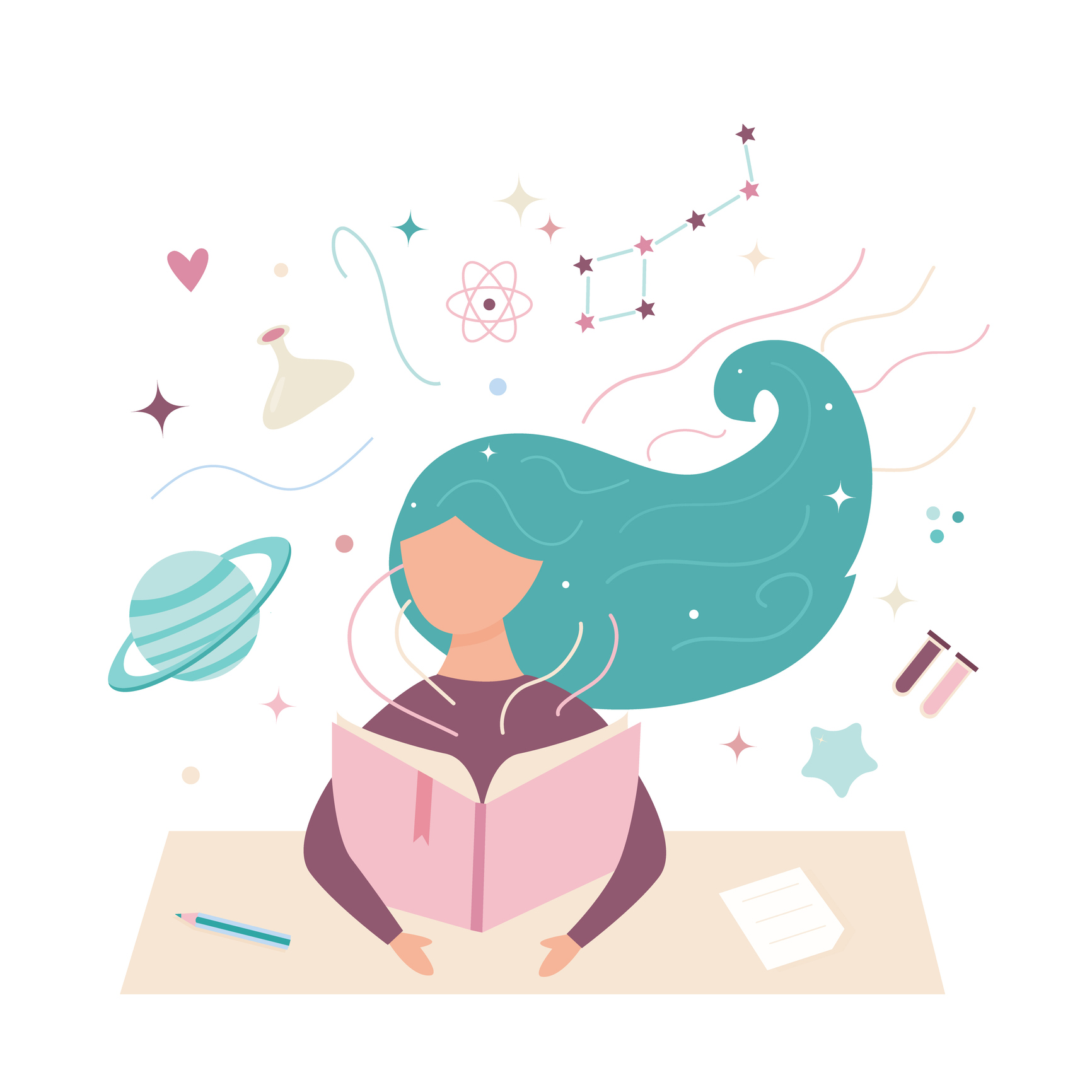 illustration of a girl at a desk with a book and science symbols in the background
