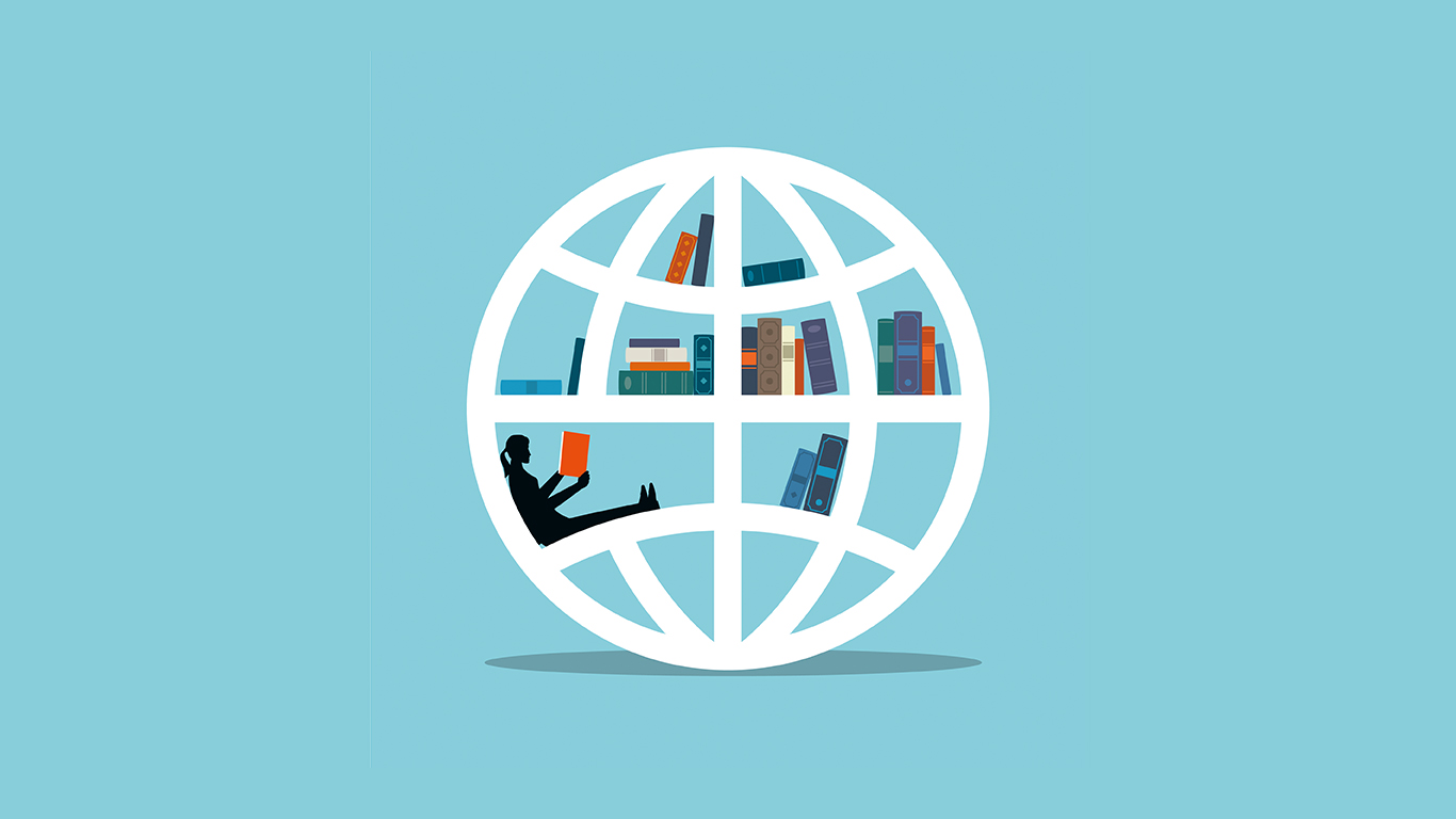 illustration of globe with books and a girl reading