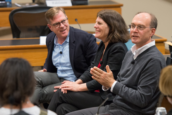 Mitchell Stevens, Candace Thille and John Mitchell, speaking about online education at the Faculty Senate (L.A. Cicero)