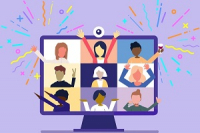 animated image of a individuals celebrating in a grid virtual chat room