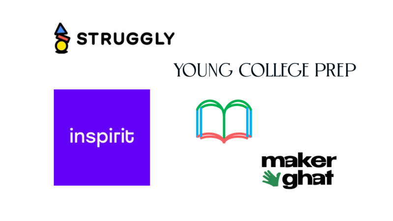Logos of Inspirit, MakerGhat, Struggly, Travellire Inc., and Young College Prep