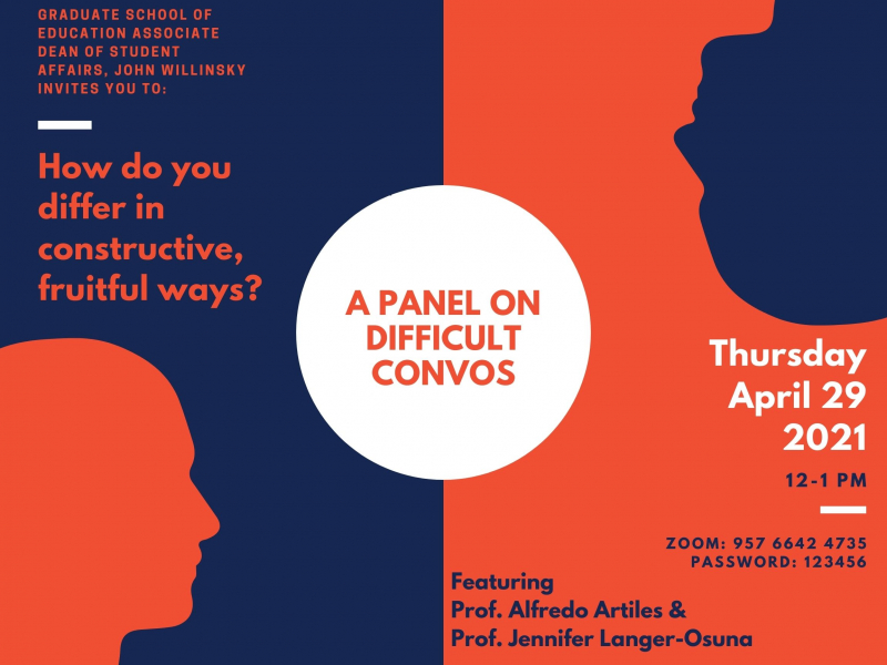 Two heads on contrasting red and blue background. A panel on difficult convos: Thursday April 29, 2021 12 PM to 1 PM 