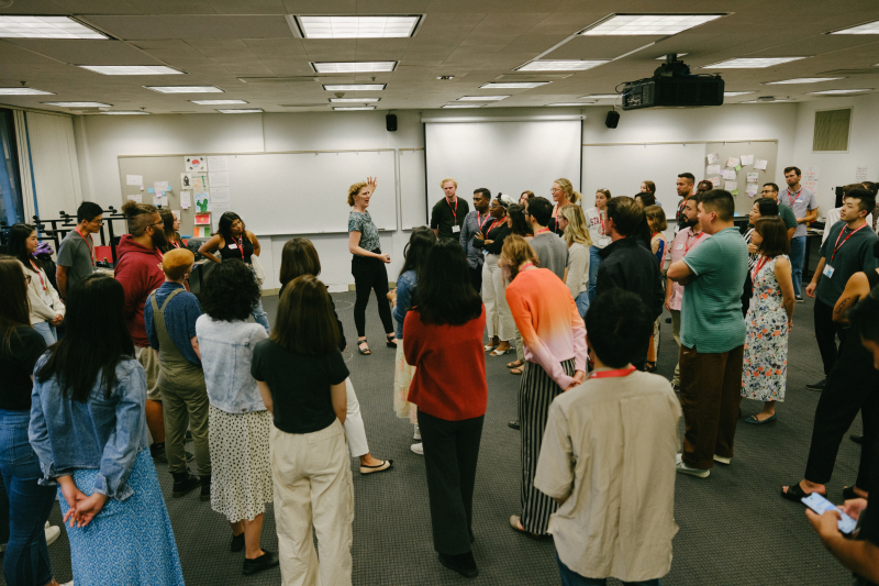 Stanford lecturer Lisa Rowland leads master&#039;s students in an improv session. (Photo: Ryan Zhang)