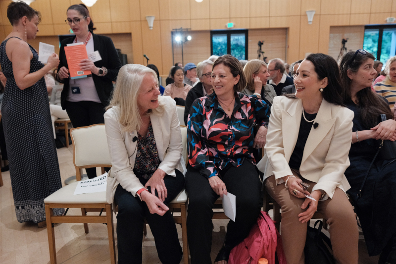 Bonnie Garmus (left) sits with Professor Jo Boaler (center) and Associate Professor Christine Min Wotipka (right) at the 2024 Cubberley Lecture at Stanford. (Photo: Ryan Zhang)