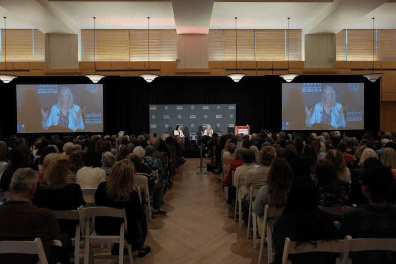 About 500 community members inside and outside of Stanford attended the conversation between Associate Professor Christine Min Wotipka and author Bonnie Garmus. (Photo: Ryan Zhang)