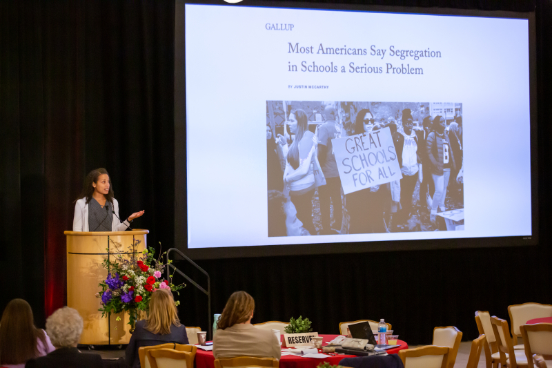 Columbia University assistant professor Marissa Thompson presents on how parental choices drive policies that affect segregation patterns.   (Photo: Christine Baker)