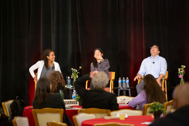 Marissa Thompson (left); Irene Lo, an assistant professor of management science and engineering at Stanford (center); and Tomás Monarrez, a senior research fellow at the Federal Reserve Bank of Philadelphia, discuss school and state policy strategies for integrating schools. (Photo: Christine Baker)