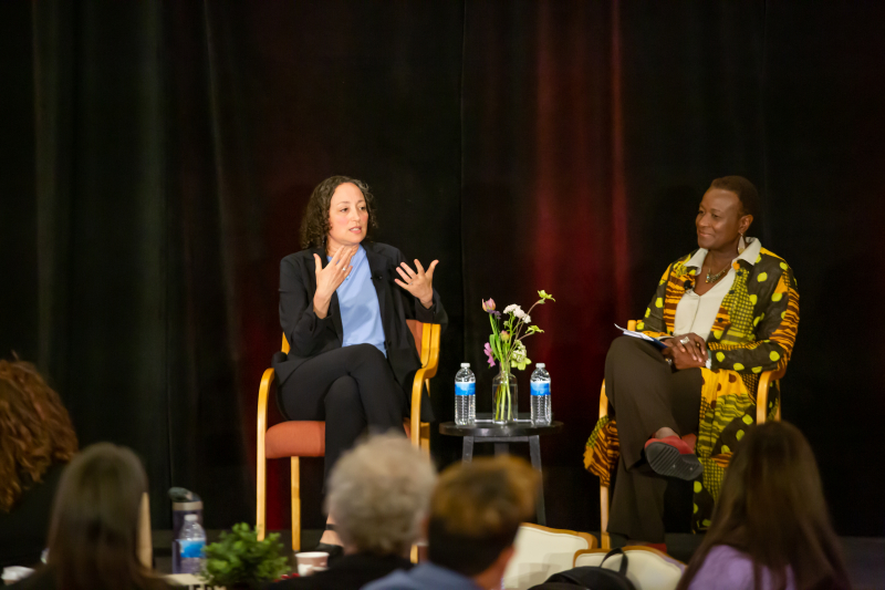 Catherine Lhamon, assistant secretary for civil rights at the U.S. Department of Education (left), talks about hope and the path forward with Brown University professor Prudence Carter (right). (Photo: Christine Baker)