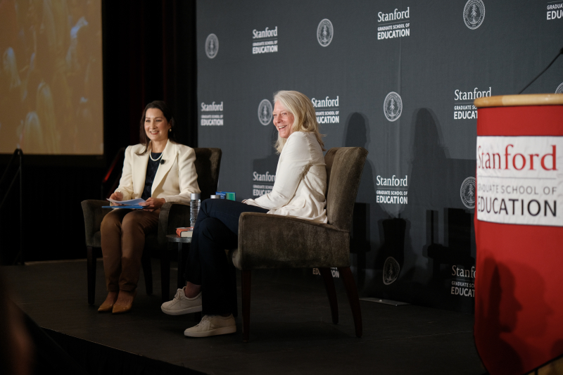 Associate Professor Christine Min Wotipka and author Bonnie Garmus take questions from the audience at the 2024 Cubberley Lecture at Stanford. (Photo: Ryan Zhang)