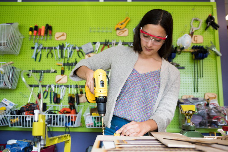 Eileen Rivera, MA &#039;18, works in the woodshop.