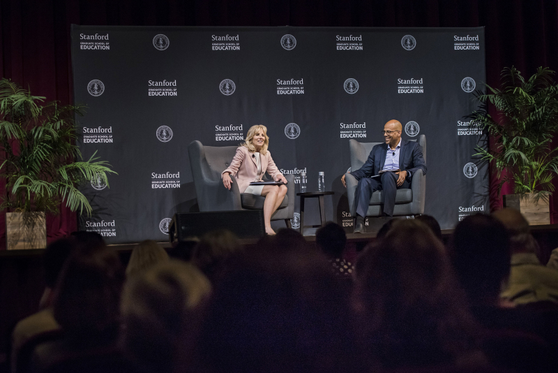 Jill Biden and Jim Shelton have a conversation. Picture by Ryan Zhang.