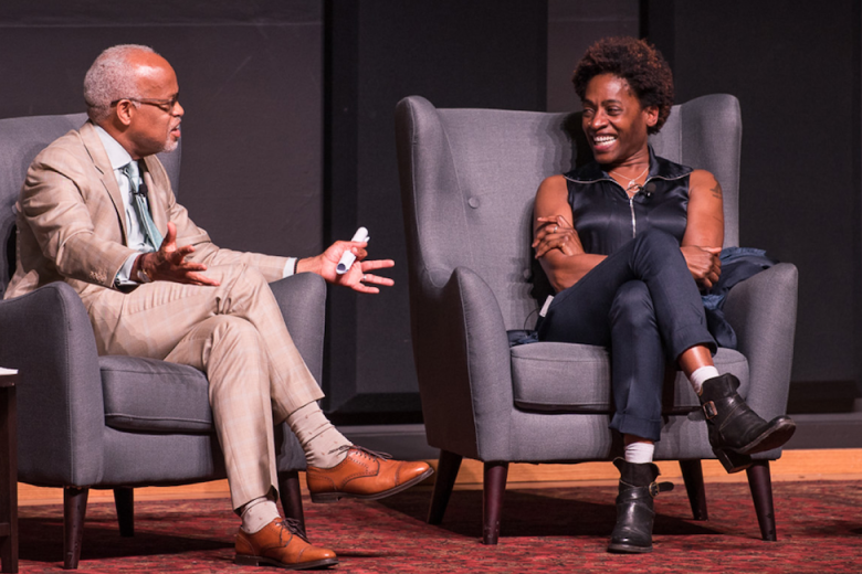 Jacqueline Woodson speaking with Harry J. Elam, Jr. on stage