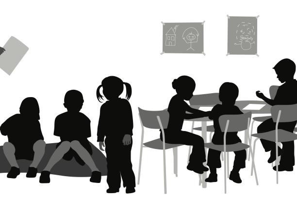 Illustration of preschool teacher and class