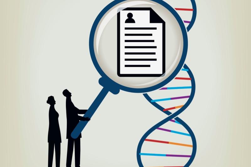 Image of people taking information from a double helix