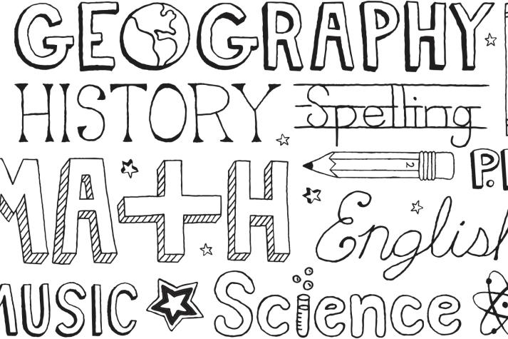 Illustration of the words "Geography," "History," "Math" and other school subjects 