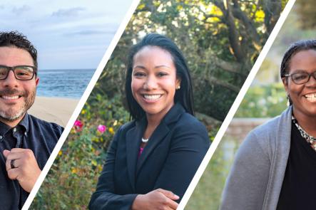 The 2023 Alumni Excellence in Education Award recipients are (from left to right) Marciano Gutierrez, MA '06; Su Jin Jez, MA '06; and Joi Spencer, MA '99.   