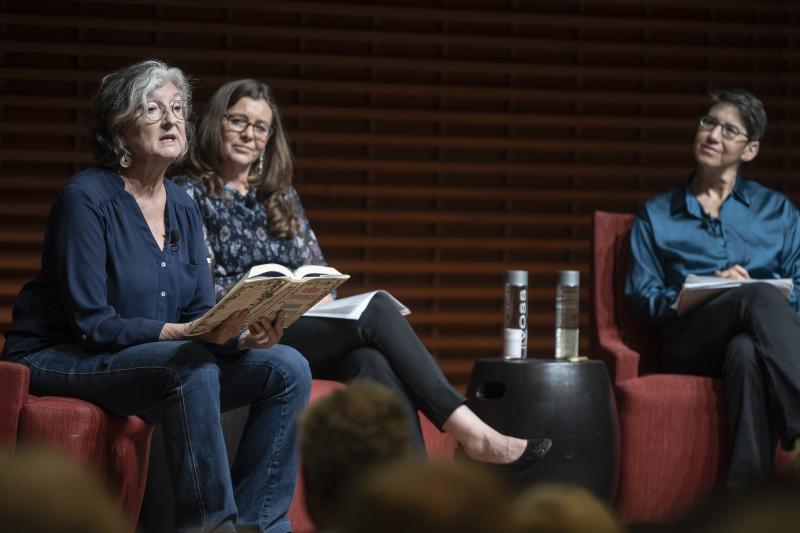 Barbara Kingsolver (left) speaks at the event co-moderated by Stanford School of Medicine Assistant Professor Lisa Goldman Rosas (center) and GSE Assistant Professor Sarah Levine (right). (Photo: Rod Searcey)