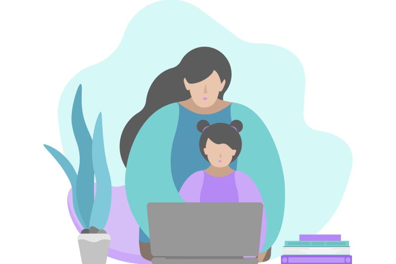 Illustration of a mother and child at computer 