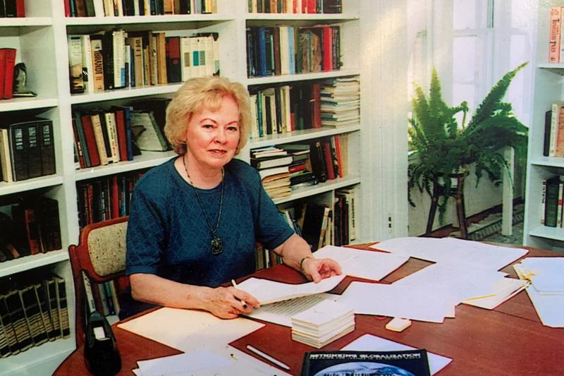 Photo of Nel Noddings at her desk