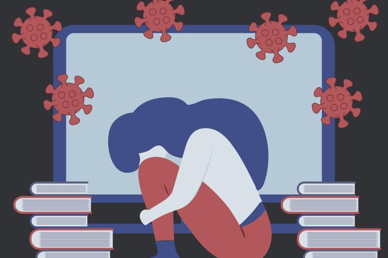 Illustration of women hugging her knees in front of computer surrounded by virus.