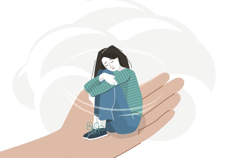 Illustration of a sad young woman in a helpful hand