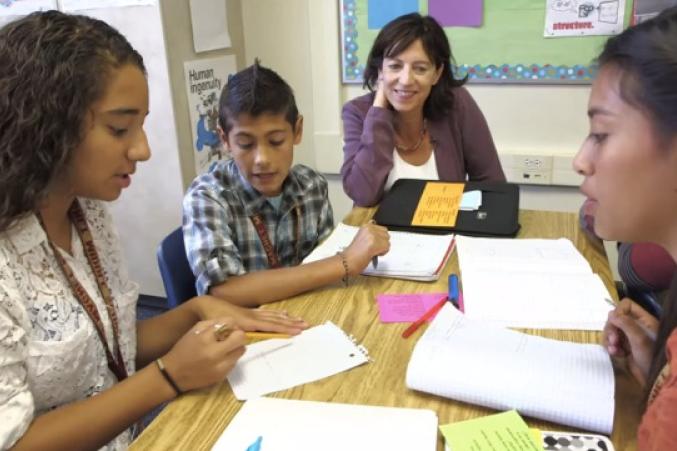 Jo Boaler (second from right) offers an alternative to the traditional drill and memorization emphasis in U.S. math classes. (Courtesy of Reel Link Films)
