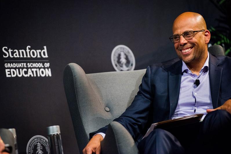 Jim Shelton at the Cubberley Lecture in May 2018. Photo by Ryan Zhang.