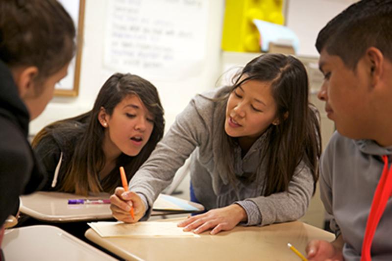 Jessica Uy, second from right, who graduated from the Stanford Teacher Education Program in 2007, teaches math at Fremont High School in Sunnyvale, Calif.