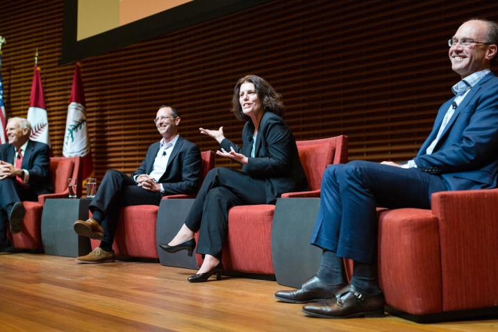 President John Hennessy, left, led a panel that included Amir Eshel, professor of German studies and of comparative literature; Candace Thille, assistant professor of education; and John Mitchell, vice provost for teaching and learning. (Photo: Aaron Kehoe)