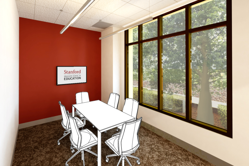 Rendering of a meeting room with a conference table that seats six