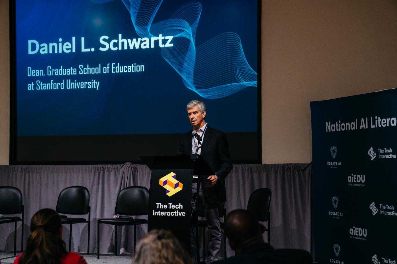 GSE Dean Dan Schwartz addresses the audience at National AI Literacy Day at the Tech Interactive. (Photo: Eloisa Tan, The Tech Interactive)