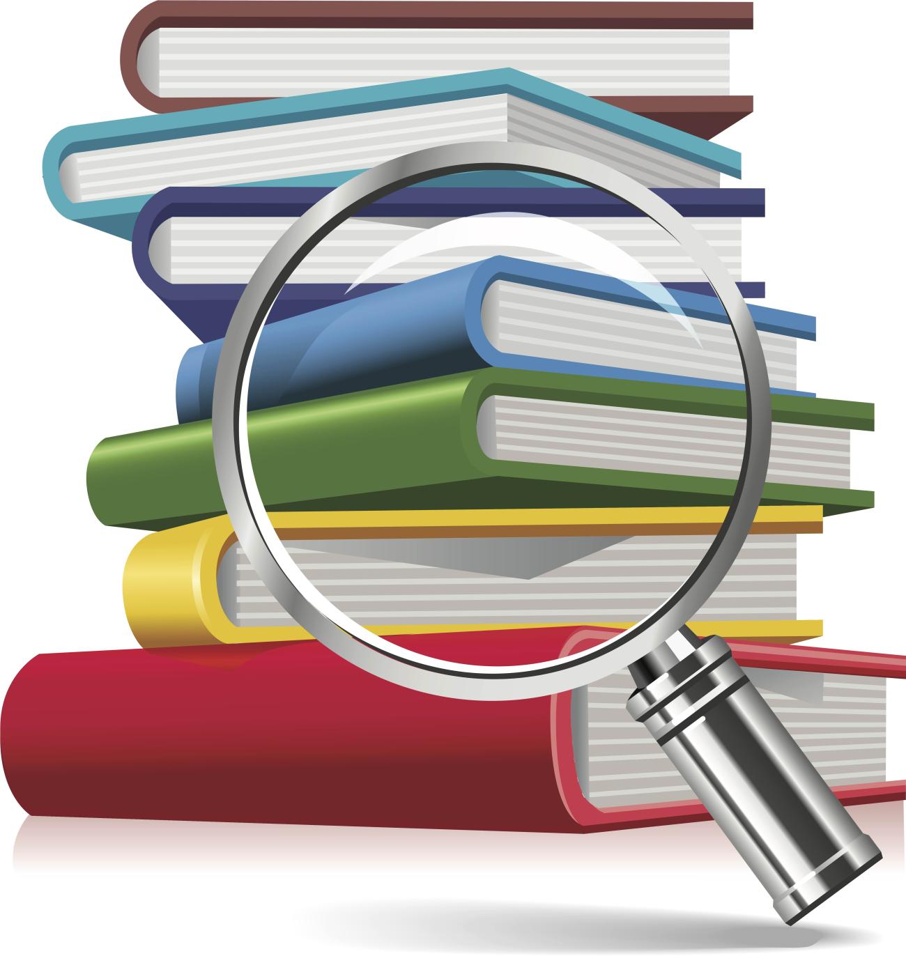 Magnifying glass on a stack of textbooks