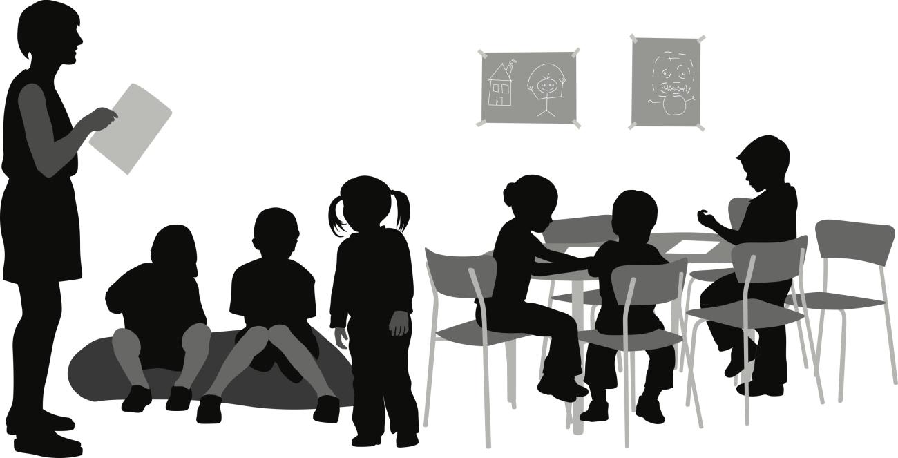 Illustration of preschool teacher and class