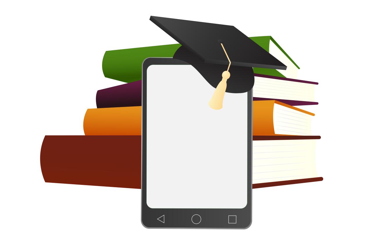 Image of an iPad with graduation cap against a stack of books