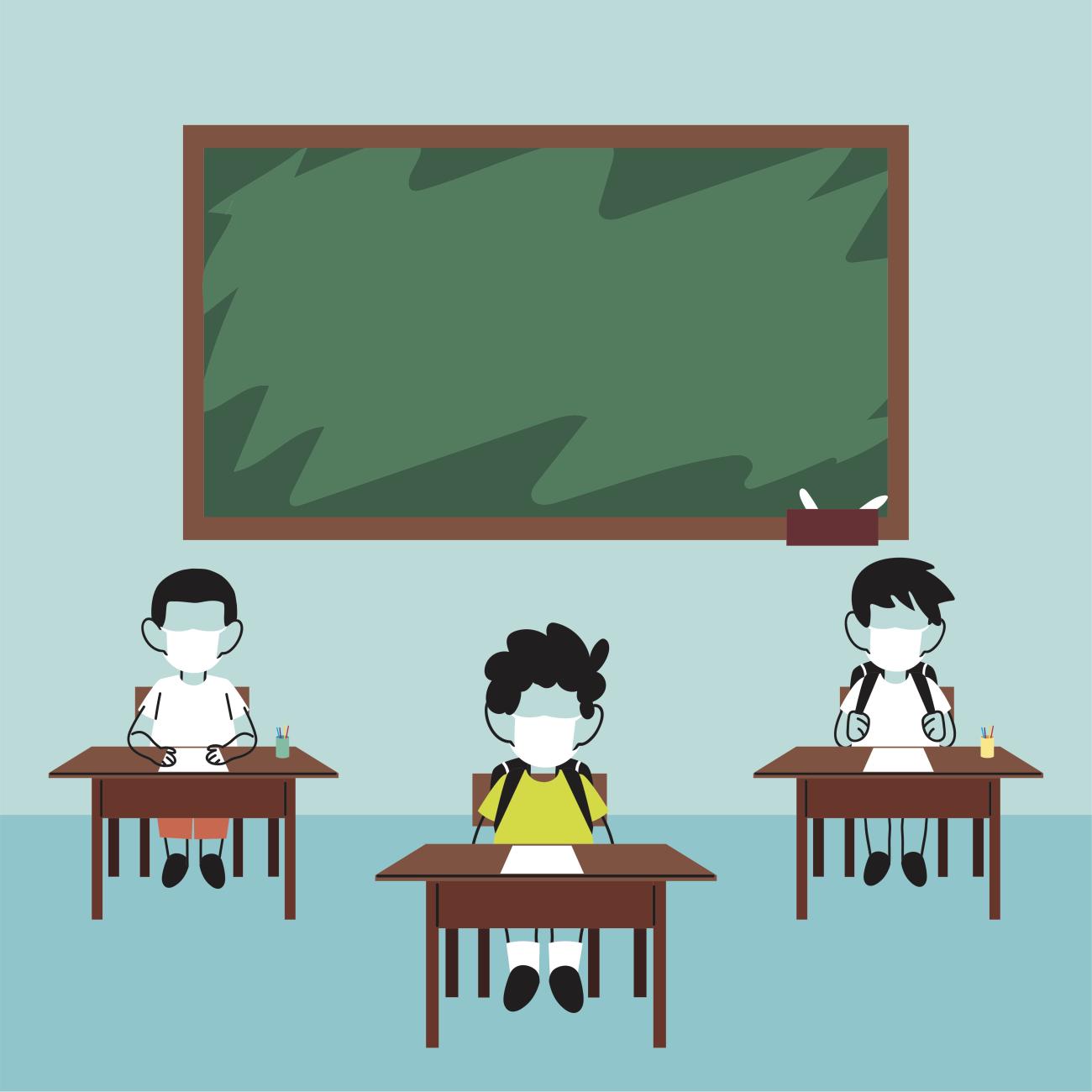 Illustration of school children wearing masks at their desks in a classroom.