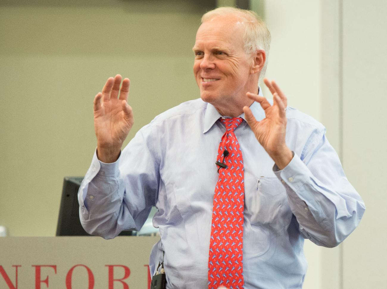 Stanford President John Hennessy speaks to participants in the Hollyhock Fellowship for Teachers program during their lunchtime session Tuesday. (Photo by LA Cicero)