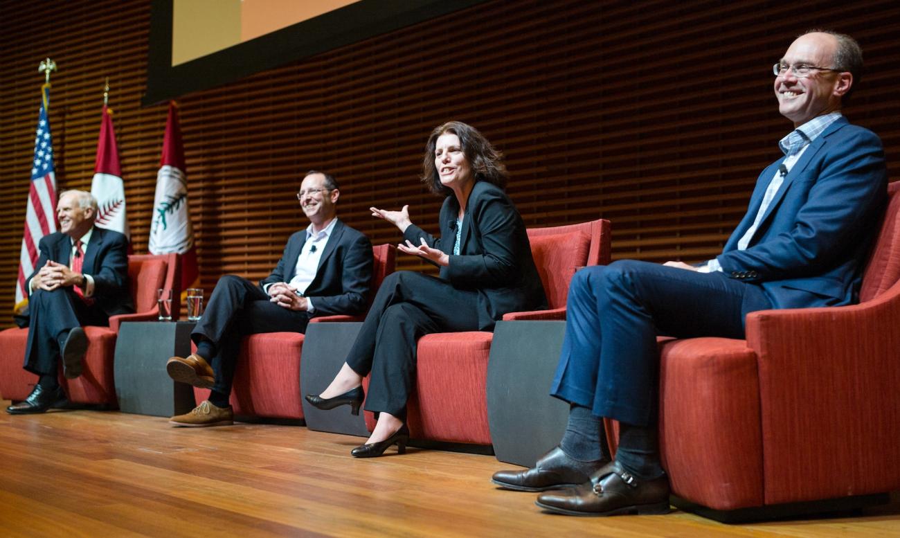 President John Hennessy, left, led a panel that included Amir Eshel, professor of German studies and of comparative literature; Candace Thille, assistant professor of education; and John Mitchell, vice provost for teaching and learning. (Photo: Aaron Kehoe)