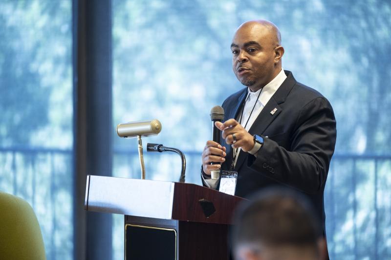 GSE professor and RILE chair Bryan Brown welcomes conference participants to a design workshop at Tresidder Memorial Union. (Photo: Rod Searcey)