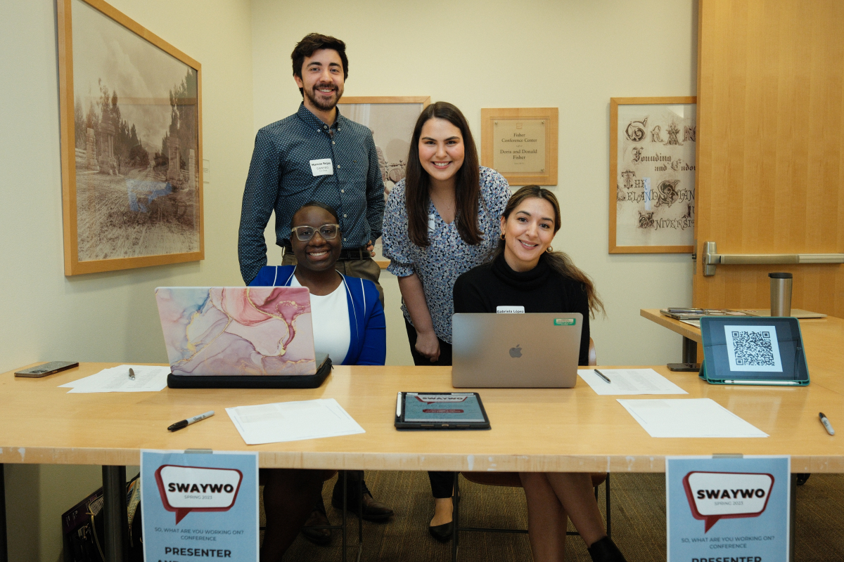 GSE PhD students who were integral in organizing this year’s event included (clockwise from back left) co-chairs Marcos Rojas Pino and Marjorie Hahn, volunteer chair Gabriela López, and program chair Melissa Lewis.