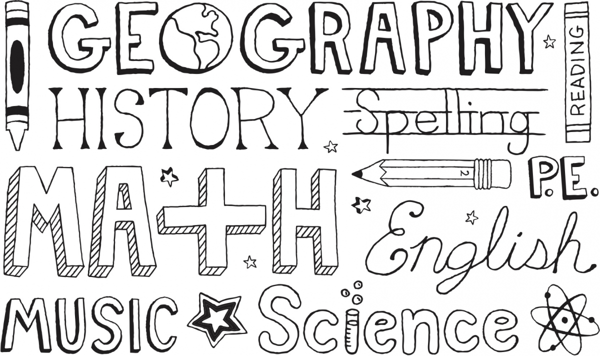 Illustration of the words "Geography," "History," "Math" and other school subjects 