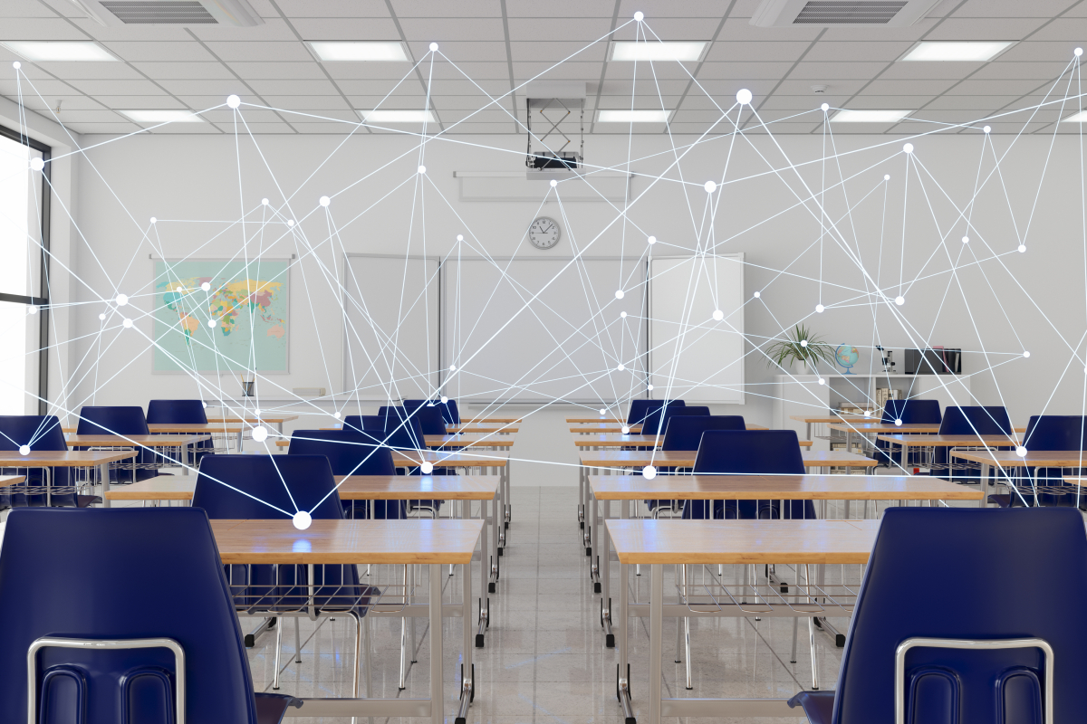 Photo of classroom with dotted lines forming a plexus