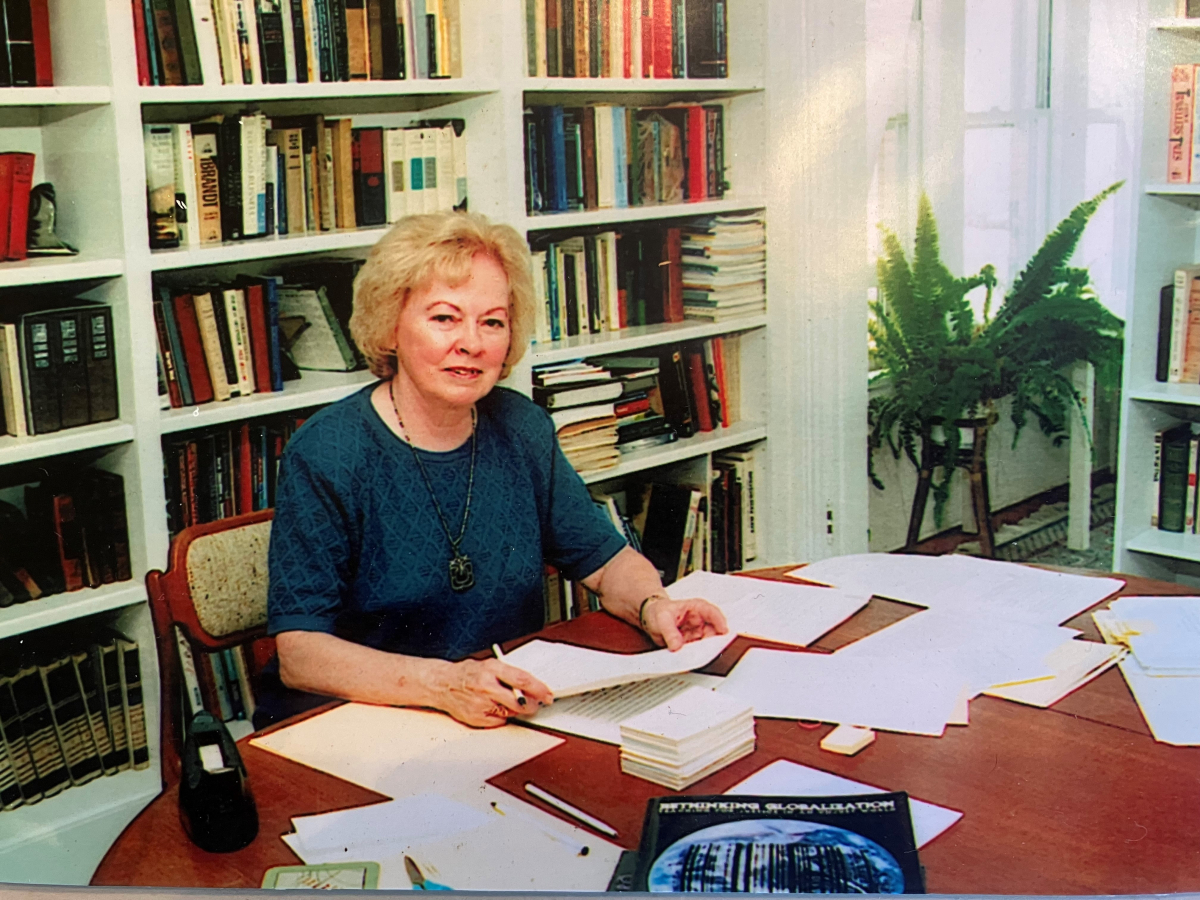 Photo of Nel Noddings at her desk