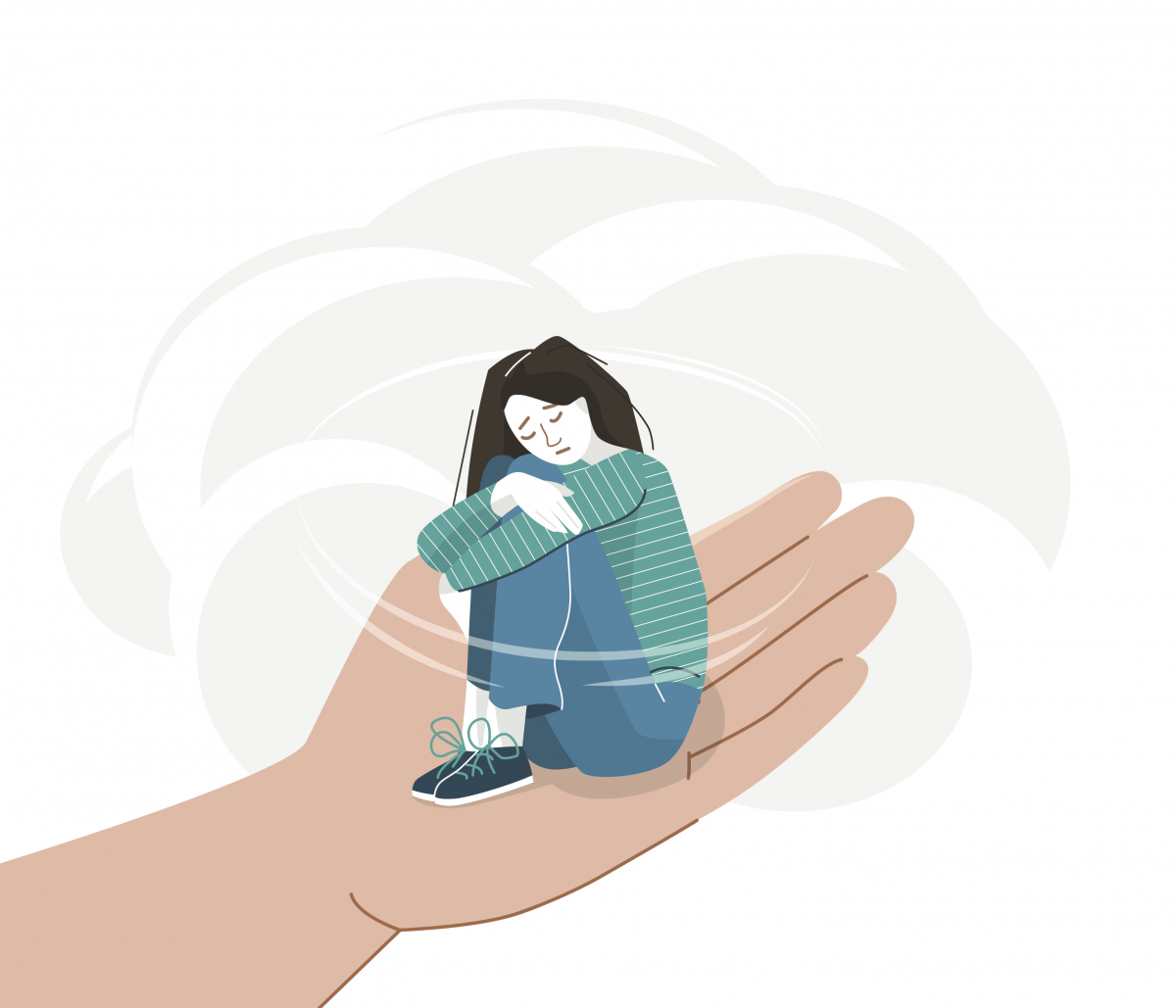 Illustration of a sad young woman in a helpful hand