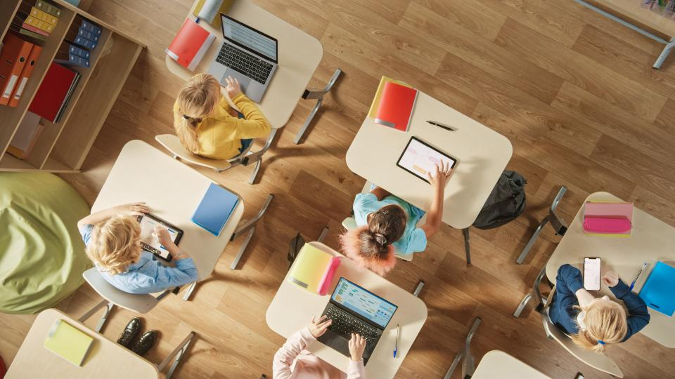 Aerial view of students in a classroom