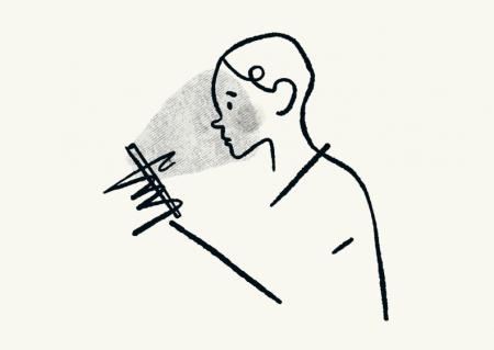 Line sketch of a person looking at a screen